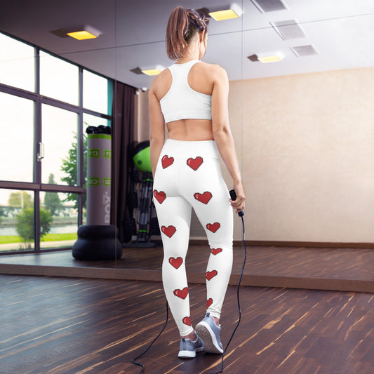 Ladies 18 Years and Over All Print Love Heart White and Red Yoga Leggings