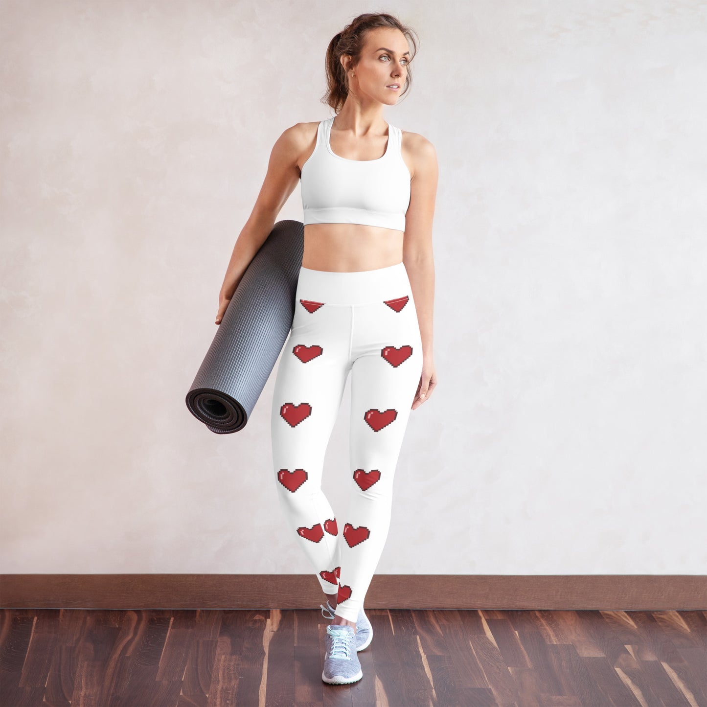 Ladies 18 Years and Over All Print Love Heart White and Red Yoga Leggings
