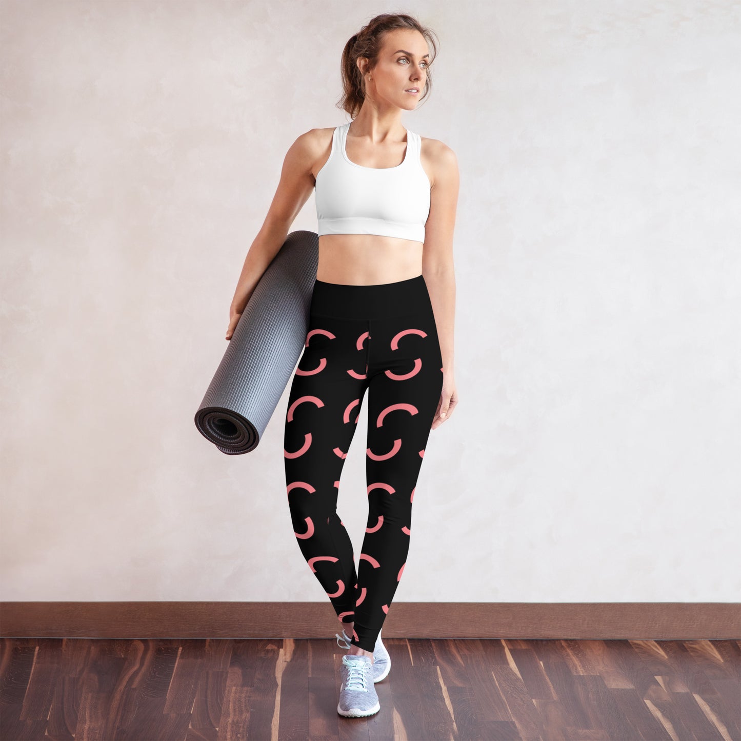Ladies All Print Black and Peach Yoga Leggings